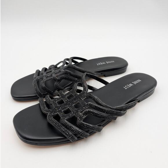 Nine West Timy Embellished Flat Sandals Open Toe Women's Black Size US9M EU40 - Picture 1 of 14